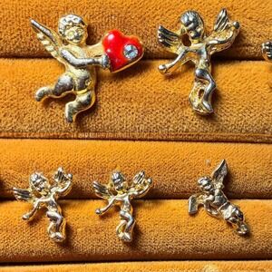 Vintage Gold Tone Cherub Angel Pin Set Red Enamel Heart Rhinestone 5 Piece Lot